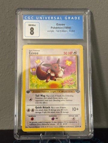 Pokémon - 1 Graded card - Eevee, Jungle - 1st Ed. - CGC 8 -, Hobby en Vrije tijd, Nieuw