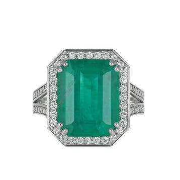 Ring - 18 karaat Witgoud - 10.20ct. tw. Smaragd - Diamant -, Nieuw