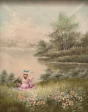J. Novotny (XX) - Frau auf Blumenwiese am See