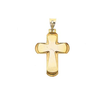 Bicolor gouden hanger van een kruis met gegraveerde corpus, Ophalen of Verzenden, Gebruikt, Goud, Overige merken