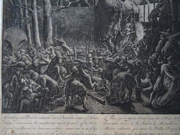 Gravure brand Oude Schans Amsterdam, 1658, neerstorten gevel, Antiek en Kunst, Kunst | Etsen en Gravures, Dagelijks leven, Verzenden