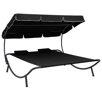 vidaXL Loungebed met luifel en kussens zwart, Verzenden, Nieuw