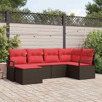 vidaXL Bankstel met kussen 6 pcs Bruin poly rattan, Verzenden, Nieuw, Rotan, 6 zitplaatsen