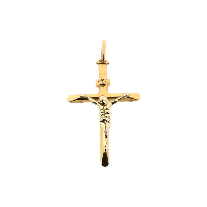 Bicolor gouden hanger van een kruis met corpus, Sieraden, Tassen en Uiterlijk, Bedels, Gebruikt, Overige merken, Goud, Ophalen of Verzenden