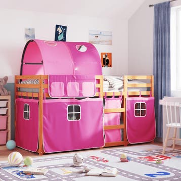 vidaXL Stapelbed met gordijnen 90x200 cm grenenhout roze, 90 cm, Eenpersoons, Verzenden, Nieuw