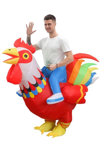 KIMU® Opblaas Kostuum Zittend op Kip Rood Regenboog Opblaasb, Carnaval, Nieuw, Overige maten, Ophalen of Verzenden