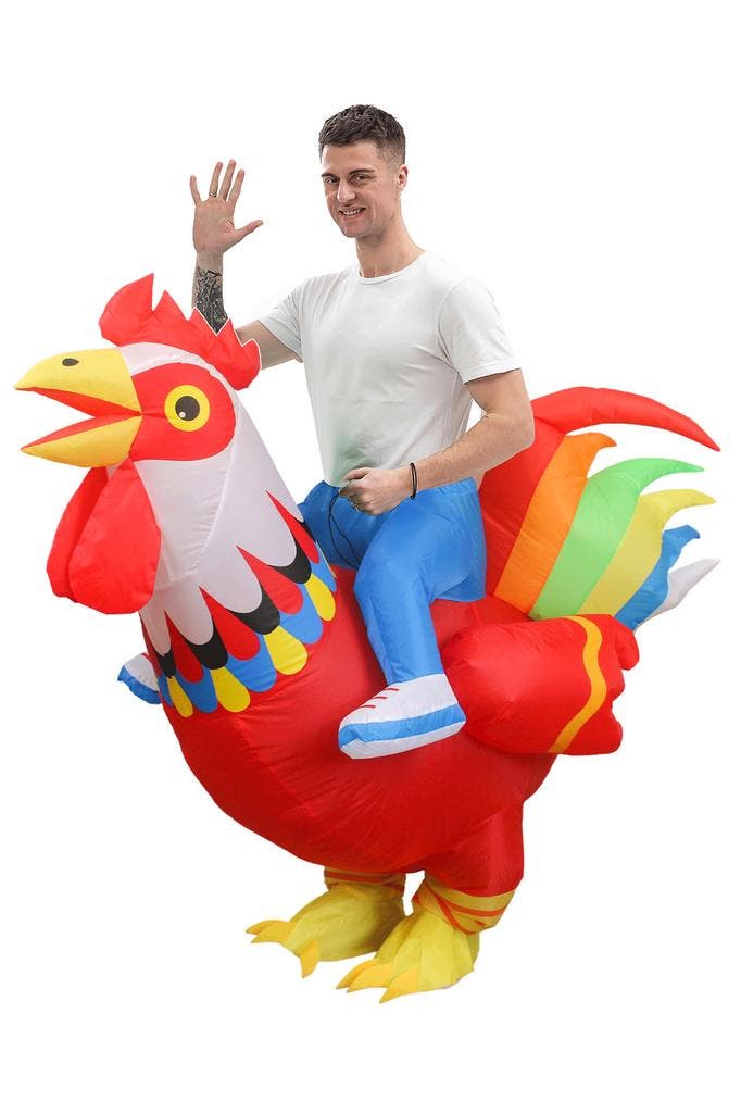 KIMU® Opblaas Kostuum Zittend op Kip Rood Regenboog Opblaasb, Kleding | Heren, Carnavalskleding en Feestkleding, Kleding, Nieuw