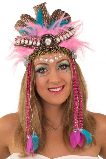 KIMU® Verentooi Roze Blauw Veren Tooi Hoofdtooi Indianentooi, Ophalen of Verzenden, Nieuw, Carnaval