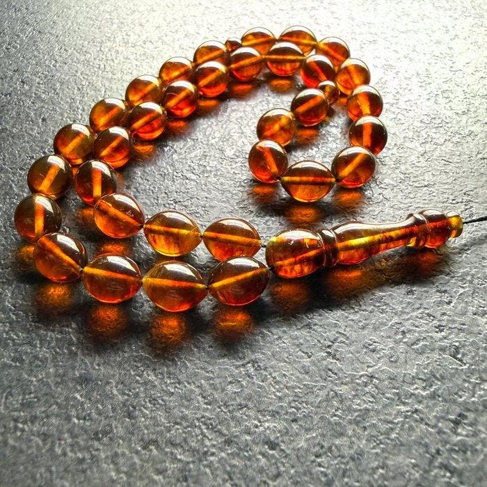 Tasbih-gebed rozenkrans kralen in olijfvorm - Barnsteen -, Verzamelen, Mineralen en Fossielen