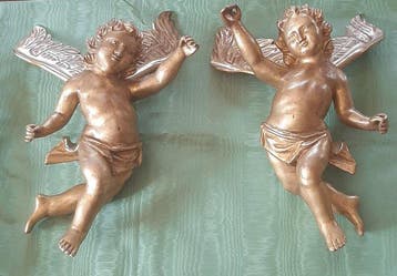 sculptuur, Coppia Angeli - 39 cm - Verguld hout