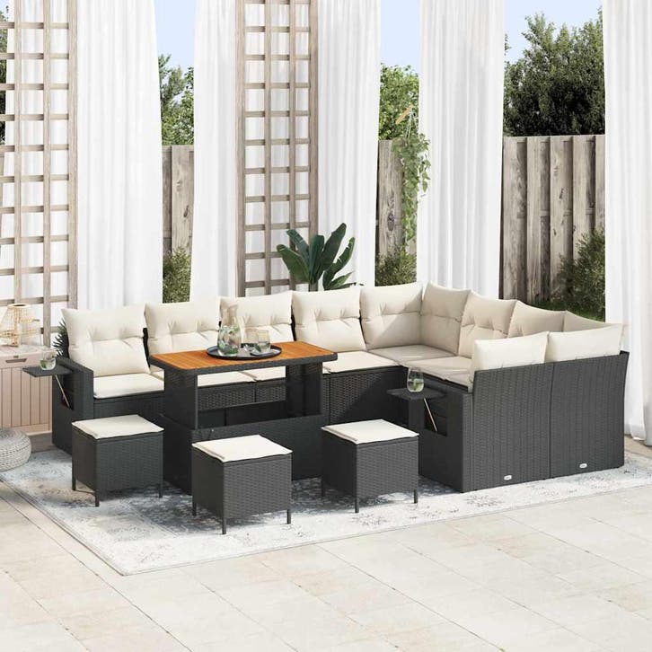 vidaXL Tuinbankenset met kussen 13 pcs Zwart en Crème poly, Tuin en Terras, Tuinsets en Loungesets, Nieuw, 3 zitplaatsen, Rotan