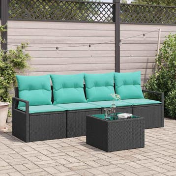 vidaXL Bankstel 5 pcs Zwart en Turquoise poly rattan, Verzenden, Nieuw, Rotan, 5 zitplaatsen