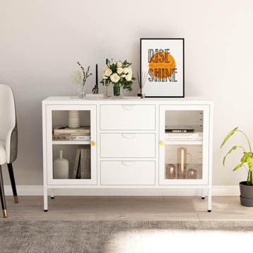 vidaXL Dressoir 105x35x70 cm staal en gehard glas wit, 100 tot 150 cm, Verzenden, Nieuw, Metaal