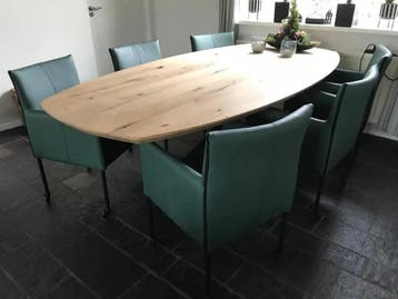 Set van 6 leren kuip eetkamerstoelen - met wieltjes - groen, Huis en Inrichting, Stoelen, Ophalen of Verzenden, Nieuw, Leer