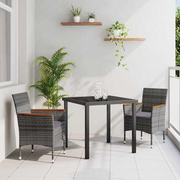 vidaXL Tuin eettafelset met kussen 3 pcs Grijs poly rattan, Verzenden, Nieuw, Rotan, 3 zitplaatsen