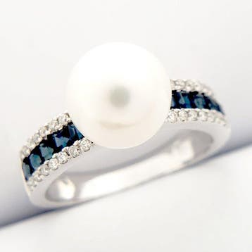 Ring - 14 karaat Witgoud - 6.13ct. tw. Parel - Diamant, Nieuw