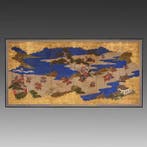 Vouwscherm met samurai-gevecht - Gelakt hout, Papier,