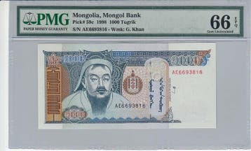 1998 Mongolia 1000 Tugrik Pick 59c Pmg Gem Unc 66 Epq, Verzenden