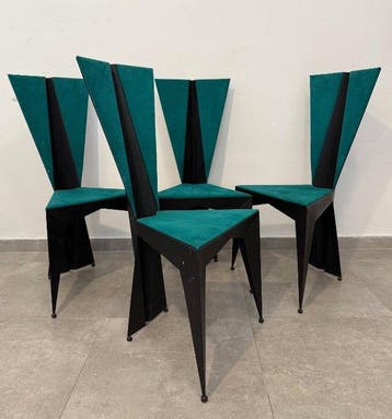 Stoel - Staal, Fluweel - Set van vier stoelen uit de jaren