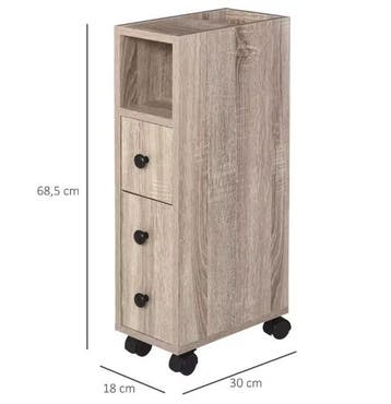Smalle Eikenhouten Badkamerkast op Wielen met Lade en Plank, Verzenden, Nieuw