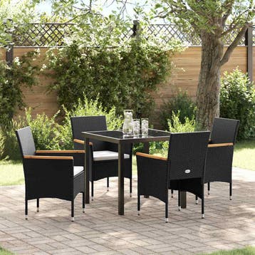 vidaXL Tuin eettafelset met kussen 5 pcs Zwart poly rattan, Verzenden, Nieuw, Rotan, 5 zitplaatsen