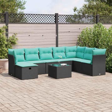 vidaXL 9-delige Loungeset met kussens poly rattan zwart, Tuin en Terras, Verzenden, Nieuw, Meer dan 8 zitplaatsen, Loungeset