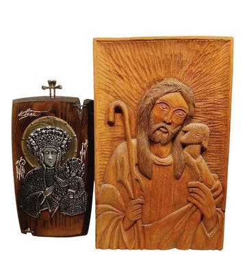 Twee verfijnde religieuze iconen in hout gesneden en metaal, Antiek en Kunst