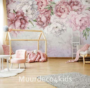 Bloemen behang Aquarel Pioenrozen fotobehang | Muurdeco4kids, Verzenden
