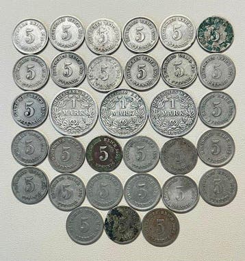 Deutsches Kaiserreich Wilhelm II. 29 x 5 Pfennig, 3 x 1 Mark