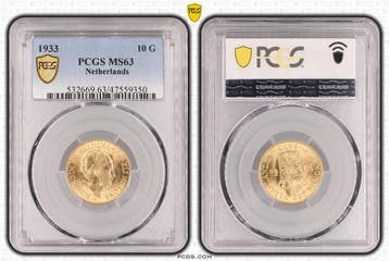 Gouden Wilhelmina 10 gulden 1933 MS63 gecertificeerd PCGS, Verzenden, Goud, Koningin Wilhelmina, Losse munt