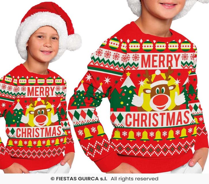 Foute Sweater Merry Christmas Rendier Rood Kind, Kleding | Dames, Carnavalskleding en Feestkleding, Nieuw, Ophalen of Verzenden