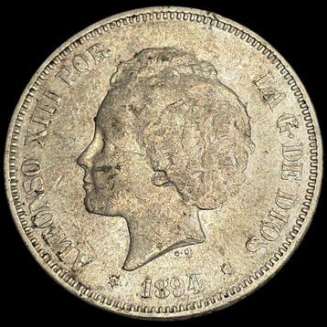 Spanje. Alfonso XIII. 5 Pesetas PGV. 1894. (Zonder, Postzegels en Munten