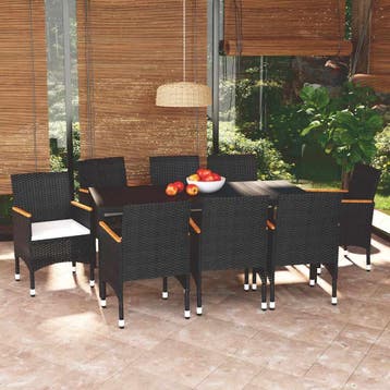 vidaXL 9-delige Tuinset met kussens poly rattan zwart, Verzenden, Nieuw, 8 zitplaatsen, Tuinset