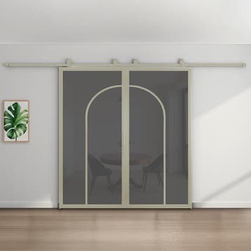 Dubbele stalen schuifdeur Kiezelgrijs2 Vlaks rond Rookglas, 75 tot 150 cm, Nieuw, 150 tot 225 cm, Metaal