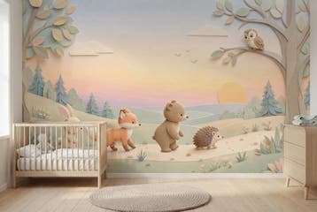 Bosdieren behang babykamer – pastelbos fotobehang, Verzenden, Fotobehang