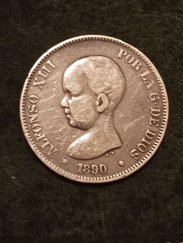 Spanje. Alfonso XIII. 5 Pesetas 1890 MPM (Zonder