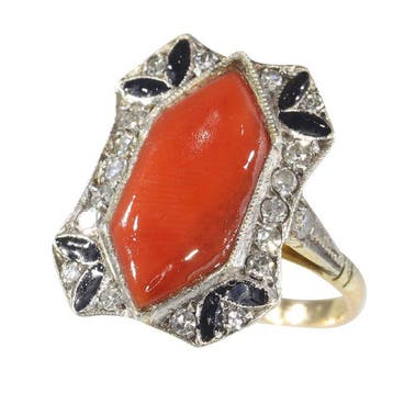 Ring - 18 karaat Geel goud Koraal - Diamant - Emaille, Art, Nieuw