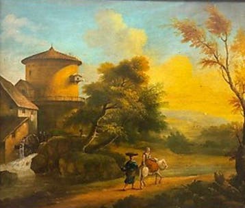 Scuola inglese (XVIII-XIX) - Veduta fluviale con mulino ad