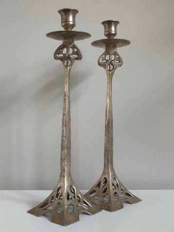 Antieke Art Nouveau Kandelaars Verzilverd Brons WMF Stijl, Verzenden