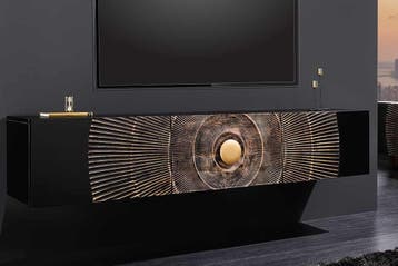 Hangende TV lowboard GOLDEN SUNSET 160cm mangohout zwart met, Ophalen of Verzenden, Nieuw