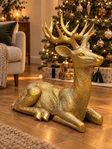 sculptuur, Monumentaal liggend hert in goudfinish – Luxe