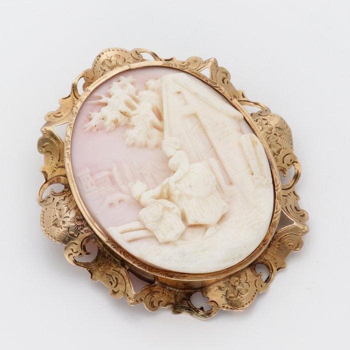 Broche - 14 karaat Geel goud - Camee, Sieraden, Tassen en Uiterlijk, Antieke sieraden