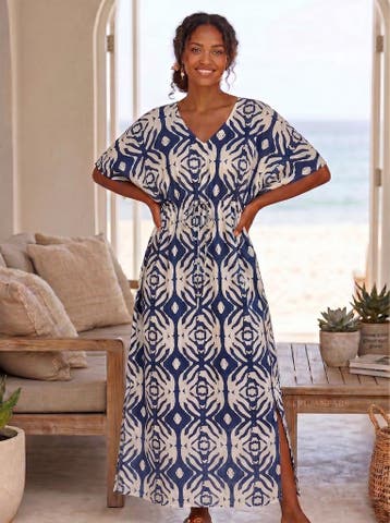 Boho rayon kaftan jurk met tailleband - Blauw Crème Indigo E, Ophalen of Verzenden, Nieuw