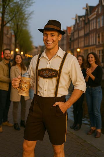 Wit Oktoberfest Kostuum met Bruine Lederhosen – - Maat S, Ophalen of Verzenden, Nieuw, Maat 46 (S) of kleiner