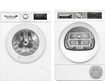 Bosch Wasmachine + Bosch Droger, 8 tot 10 kg, Nieuw, 1200 tot 1600 toeren, Voorlader