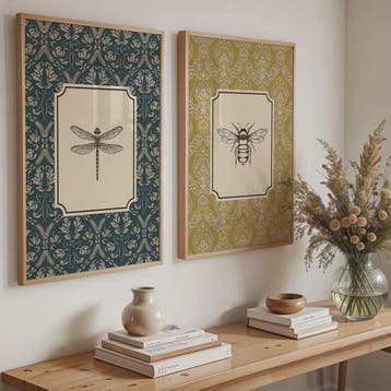 Retro Insect Canvas Print: Libelle, Bij & Kolibrie Poster vo