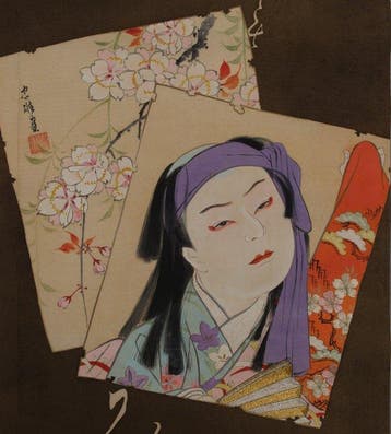Hangende rol met geborduurde bloesems, kabuki-acteur en