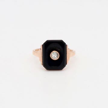 Ring - 14 karaat Roségoud Onyx - Diamant, Nieuw