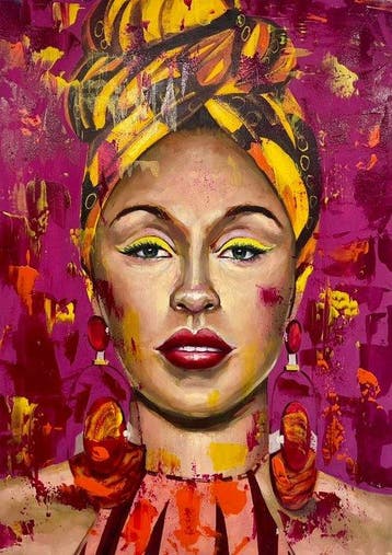 Alberto R. - Celia Cruz en magenta y oro, Antiek en Kunst