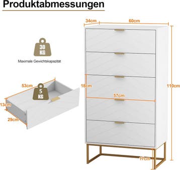 Commode - Dressoir - Ladekast - 60x34x110 cm - Wit - UEV, Verzenden, Zo goed als nieuw